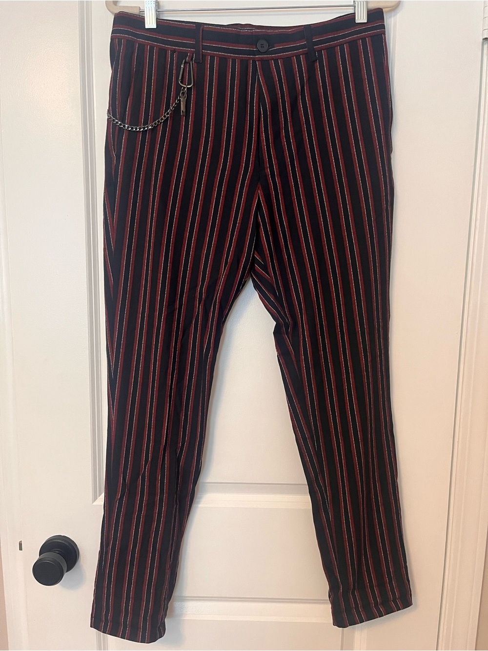 Zara Black Pants with Red Pinstripes and Chain Detail